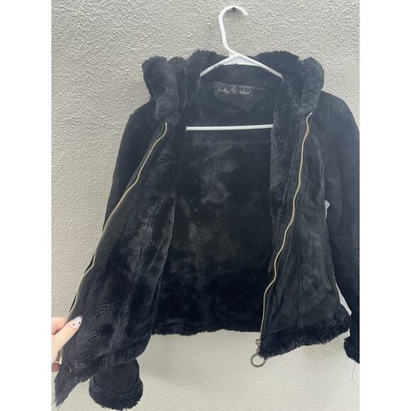 Baby Phat Womens Jacket Size Small Black Leather Faux Fur Lined Hooded ZipUp Y2K - Picture 4 of 14